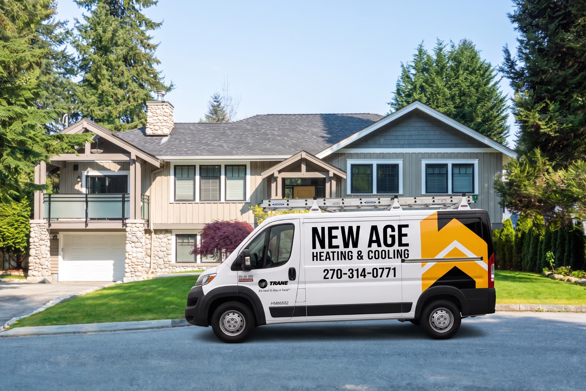 New Age Heating and Cooling service van at a home in Owensboro, KY